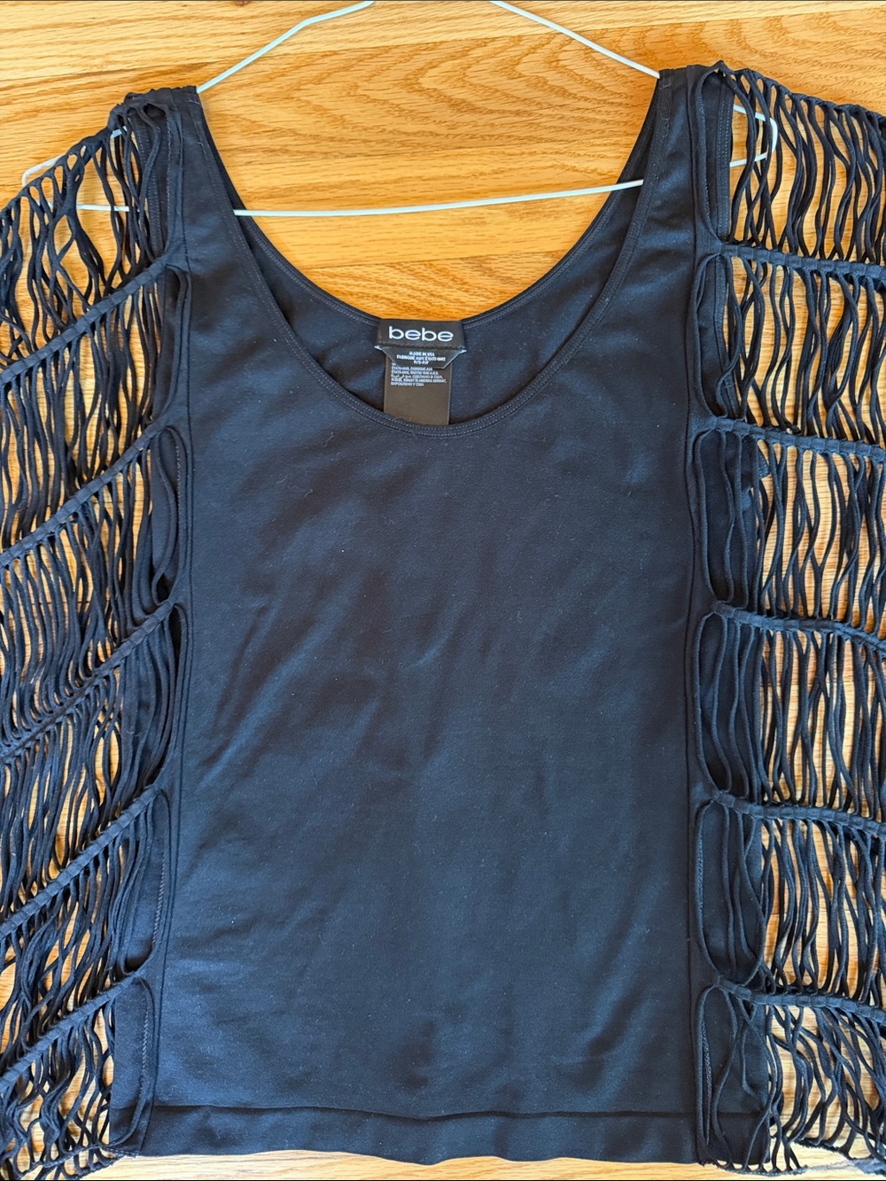 bebe Black Open Fringe Sleeve Tank Top
